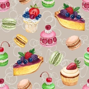 Never Skip Dessert, Hand Drawn Watercolor Cupcakes, Pies and French Macarons on Taupe, L