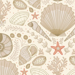 Beach Treasures coastal - shells, seaweeds and coral - neutrals, dark ivory and coral on ivory - extra large