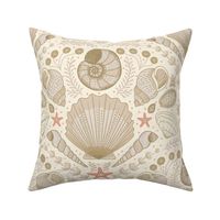 Beach Treasures coastal - shells, seaweeds and coral - neutrals, dark ivory and coral on ivory - large