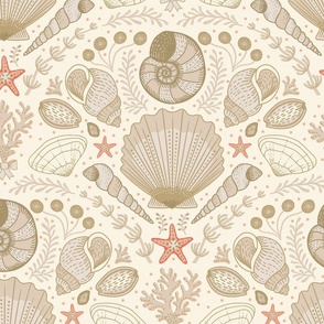 Beach Treasures coastal - shells, seaweeds and coral - neutrals, dark ivory and coral on ivory - large