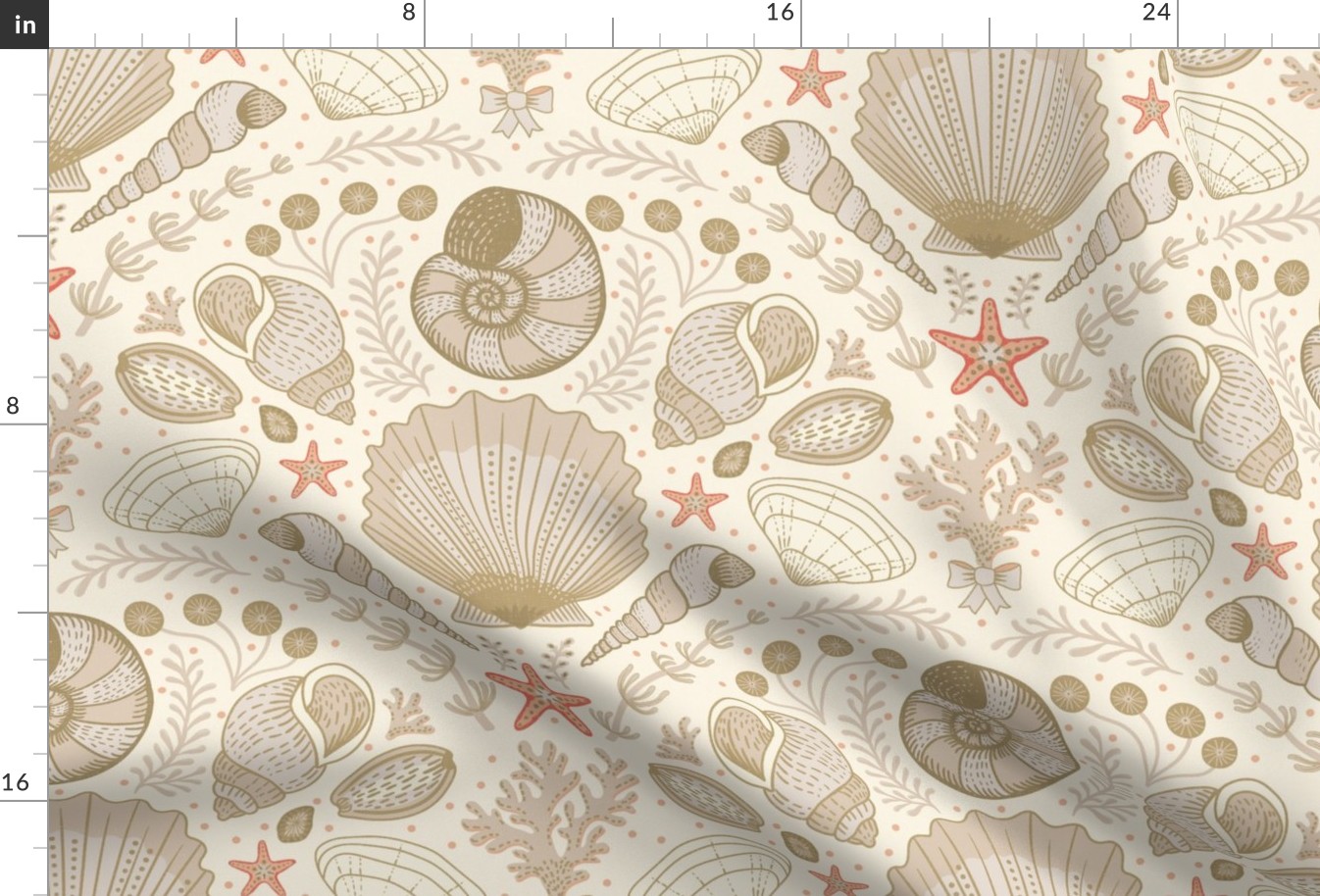 Beach Treasures coastal - shells, seaweeds and coral - neutrals, dark ivory and coral on ivory - large