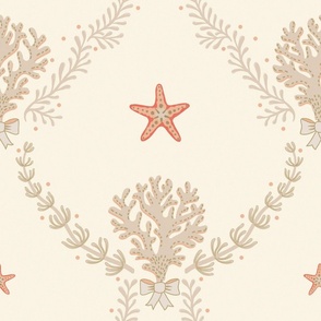 Elegant coastal trellis with coral and seaweed - neutrals and coral orange on ivory - large