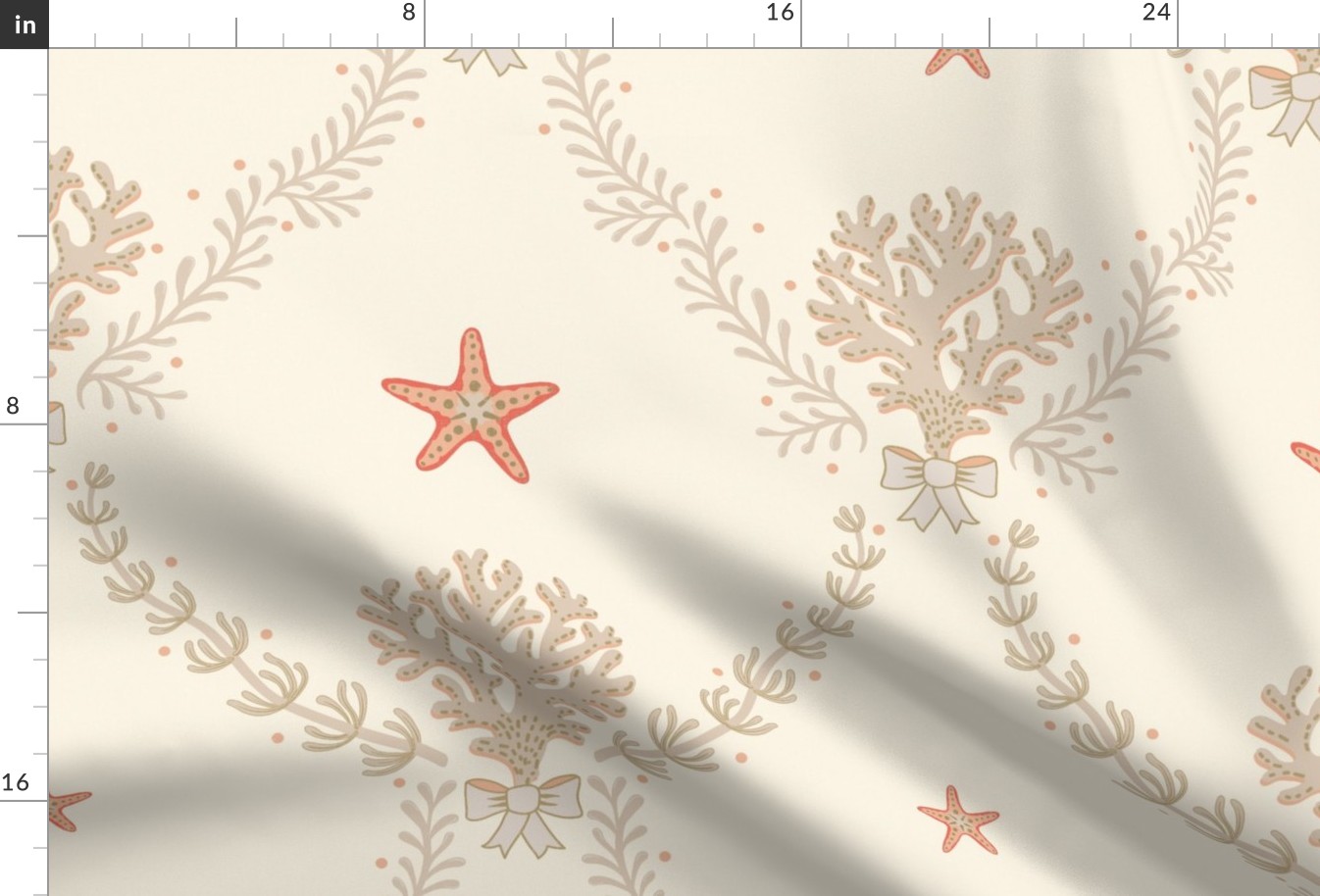 Elegant coastal trellis with coral and seaweed - neutrals and coral orange on ivory - large