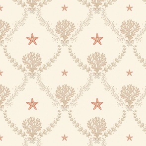 Elegant coastal trellis with coral and seaweed - neutrals and coral orange on ivory - small