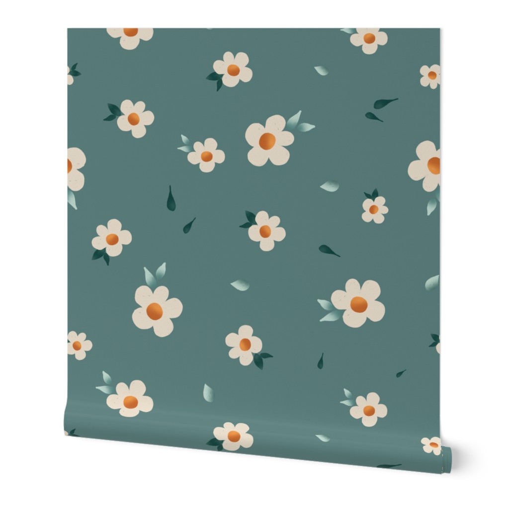 Small scale cream daisies on teal background 6"