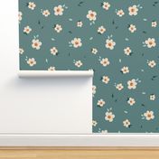 Small scale cream daisies on teal background 6"