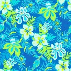 Neon Tropical Summer Paradise Flowers in Bright Blue Lime by Jac Slade