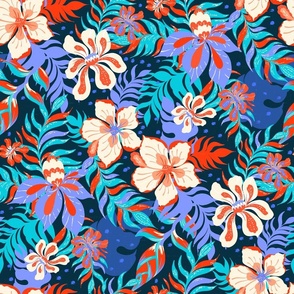 Neon Tropical Summer Paradise Flowers in Bright Blue Red Aqua by Jac Slade