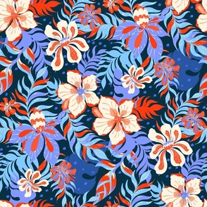 Neon Tropical Summer Paradise Flowers in Bright Blue Red by Jac Slade