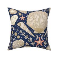 Beach Treasures coastal - shells, seaweeds and coral - neutrals on classic navy, dark blue - extra large