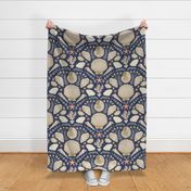 Beach Treasures coastal - shells, seaweeds and coral - neutrals on classic navy, dark blue - extra large