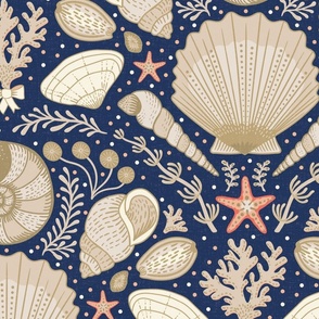 Beach Treasures coastal - shells, seaweeds and coral - neutrals on classic navy, dark blue - extra large