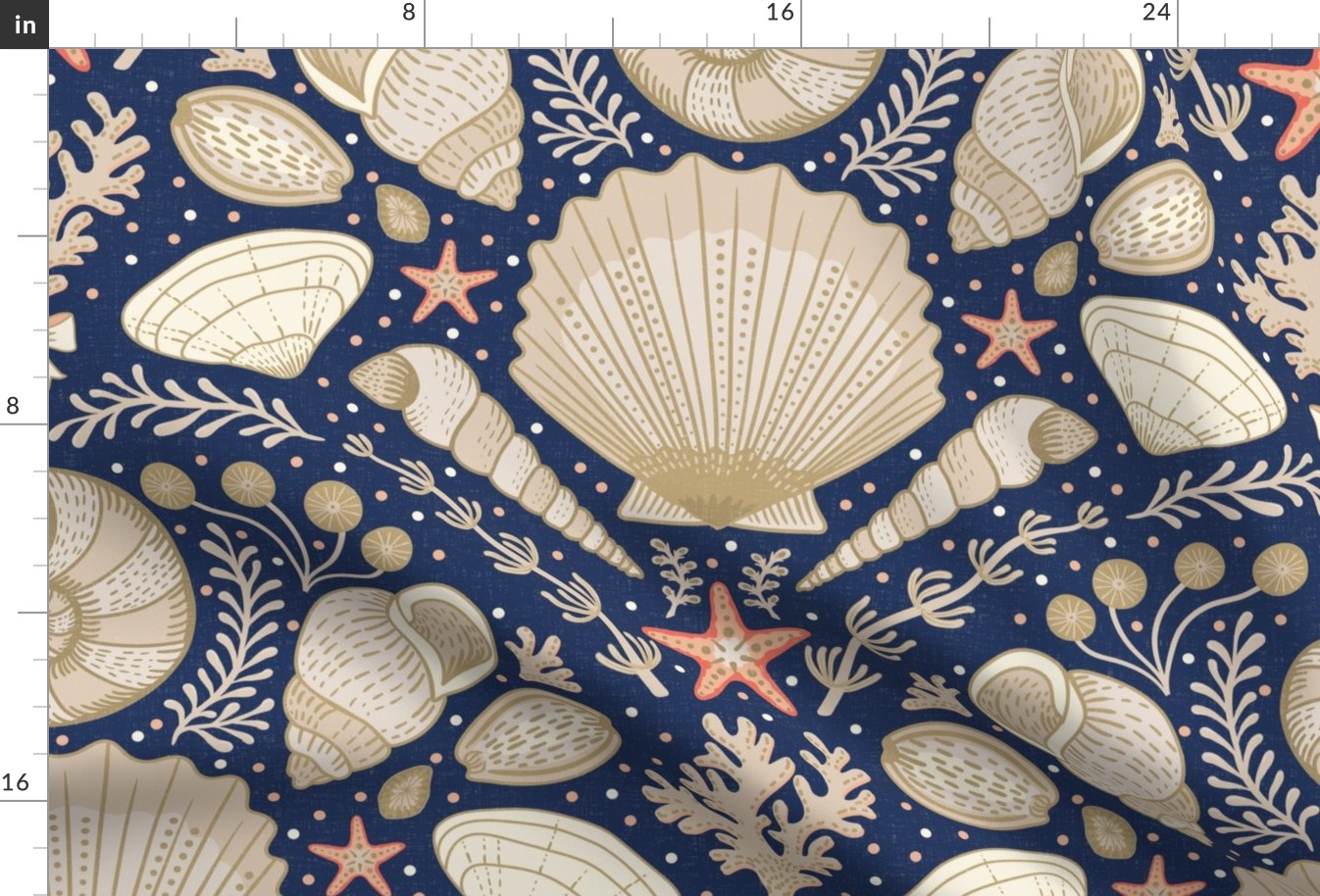 Beach Treasures coastal - shells, seaweeds and coral - neutrals on classic navy, dark blue - extra large