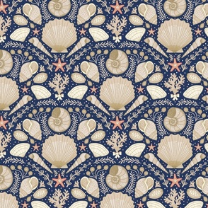 Beach Treasures coastal - shells, seaweeds and coral - neutrals on classic navy, dark blue - medium