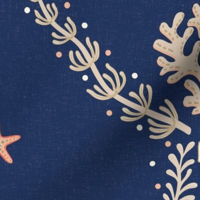 Elegant coastal trellis with coral and seaweed - neutrals and orange on classic navy, dark blue - large