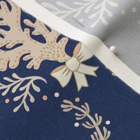 Elegant coastal trellis with coral and seaweed - neutrals and orange on classic navy, dark blue - small