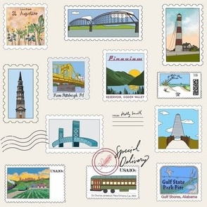 Stamps style cities of America in beige