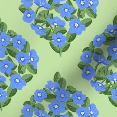 Blue Daze Flowers, Sm Ogee Floral Pattern, Cornflower Blue Flowers, Sage Green Leaves, Mint Green Background