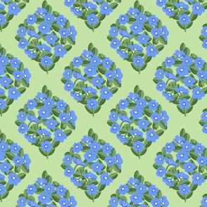 Blue Daze Flowers, Sm Ogee Floral Pattern, Cornflower Blue Flowers, Sage Green Leaves, Mint Green Background