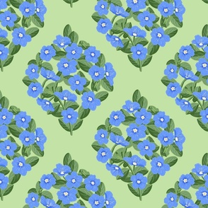 Blue Daze Flowers, Med Ogee Floral Pattern, Cornflower Blue Flowers, Sage Green Leaves, Mint Green Background
