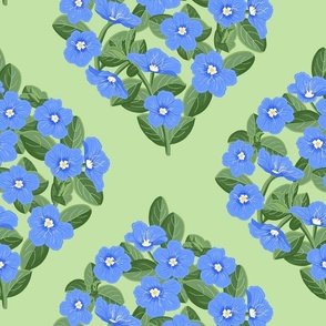 Blue Daze Flowers, Lg Ogee Floral Pattern, Cornflower Blue Flowers, Sage Green Leaves, Mint Green Background