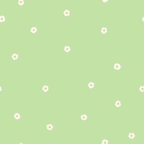 White Flower Dots, Sm Tossed Dot Floral Pattern, White and Yellow Flowers, Mint Green Background