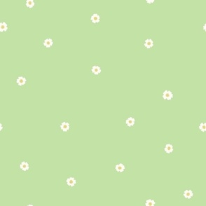 White Flower Dots, Med Tossed Dot Floral Pattern, White and Yellow Flowers, Mint Green Background