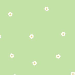 White Flower Dots, Lg Tossed Dot Floral Pattern, White and Yellow Flowers, Mint Green Background