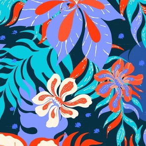 Neon Tropical Summer Paradise Flowers in Bright Blue Red Aqua by Jac Slade