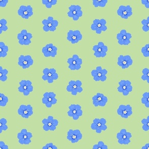 Blue Daze Flowers, Med Half-Drop Floral Pattern, Cornflower Blue Flowers, Mint Green Background