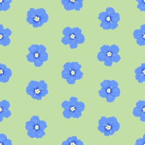 Blue Daze Flowers, Lg Half-Drop Floral Pattern, Cornflower Blue Flowers, Mint Green Background