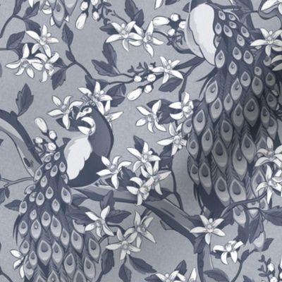 Victorian Peacocks and Flowering Trees in Prussian Blue - Coordinate