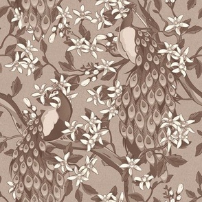 Victorian Peacocks and Flowering Trees in Sepia Tones - Coordinate
