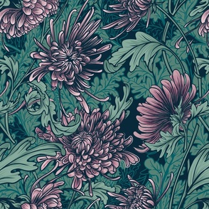 Chrysanthemum Nouveau: Pink & Green Arts and Crafts, William Morris Inspired Wallpaper & Upholstery, Floral, Flower Bouquet Design