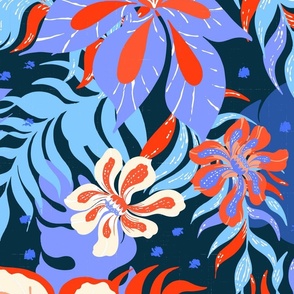 Neon Tropical Summer Paradise Flowers in Bright Blue Red by Jac Slade