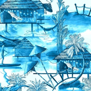 Tropical Beach Chinoiserie Toile, Turquoise and White Traditional Classic, Watercolor, Pen and Ink,  Palm Tree, Bungalow, Hammock, Paddle Board, Basimentos, Bocas Del Toro,Panamá