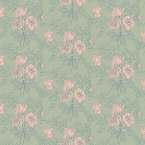 Floral Bouquet Block Print - Sage Green, Pink - L - (Mi Amore)