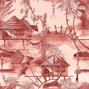 Tropical Beach Chinoiserie Toile, Red and White Traditional Classic, Watercolor, Pen and Ink,  Palm Tree, Bungalow, Hammock, Paddle Board, Bastimentos, Bocas Del Toro, Panamá