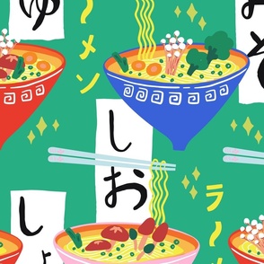L - Treat Yourself to Ramen Bowl - Eclectic Mystery Flavor Ramen - Ramen Shop Wallpaper - Hiragana  Japanese Lettering - Green (24 in repeat)