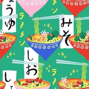 M - Treat Yourself to Ramen Bowl - Mystery Flavor Ramen - Ramen Shop Wallpaper - Hiragana  Japanese Lettering - Green (12 in repeat for fabric)