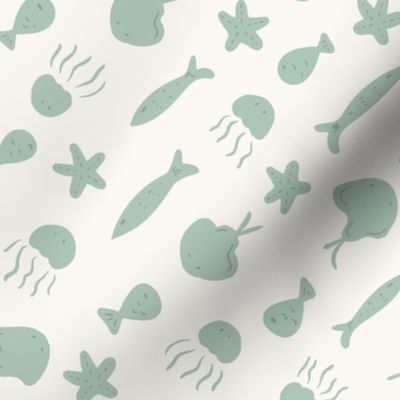 Minimal sea life   – Underwater creatures     - off-white and minty green           //   Small scale