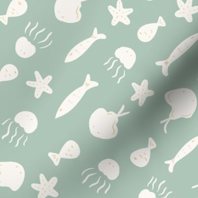 Minimal sea life   – Underwater creatures     - off-white and minty green           //   Small scale