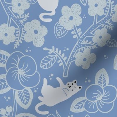 (M) Cute Kawaii Cats-Garden Flowers Floral-Vintage style-Begonia-Spring-Summer-Kitten cat-Pet cat-Cool Sky Blue-White