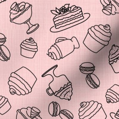 Ice-cream cake, and macaroons black on pink line drawings