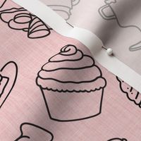 Ice-cream cake, and macaroons black on pink line drawings