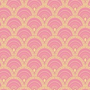 Yellow hand drawn scallop pattern  on a pink background- minimalistic art deco arcs - bold and colorful