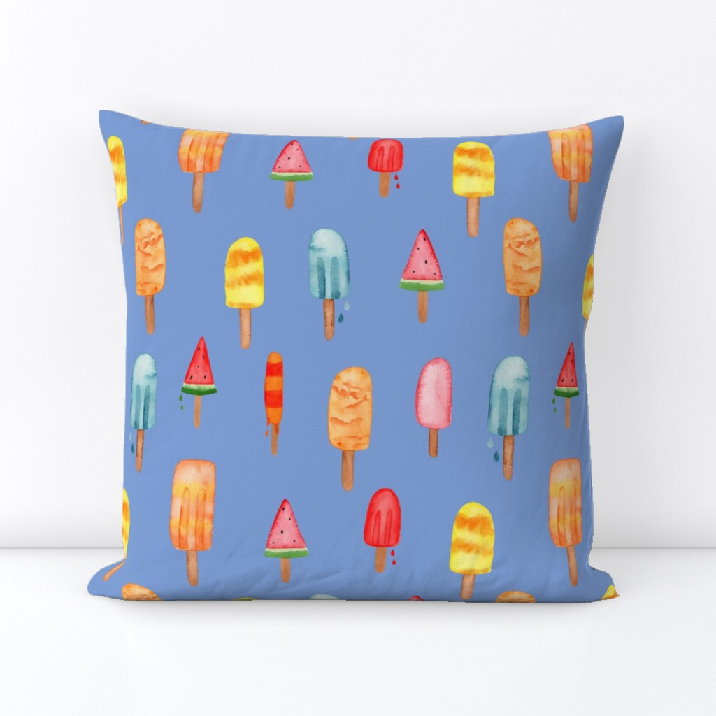 Ice pop in watercolour. Drippy summer ice lolly frozen treats. ice cream on blue