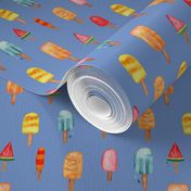 Ice pop in watercolour. Drippy summer ice lolly frozen treats. ice cream on blue