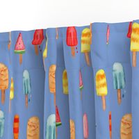 Ice pop in watercolour. Drippy summer ice lolly frozen treats. ice cream on blue