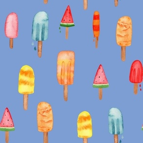 Ice pop in watercolour. Drippy summer ice lolly frozen treats. ice cream on blue